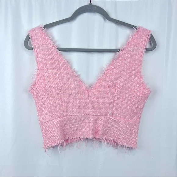 Zara TWEED TEXTURED CROP TOP V-neck w/Frayed Trim - Picture 6 of 11